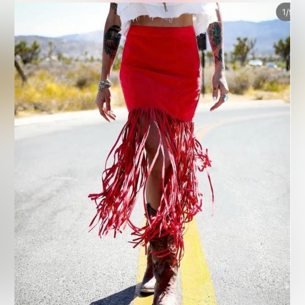 H&M x Coachella red fringe mini skirt faux suede boho western